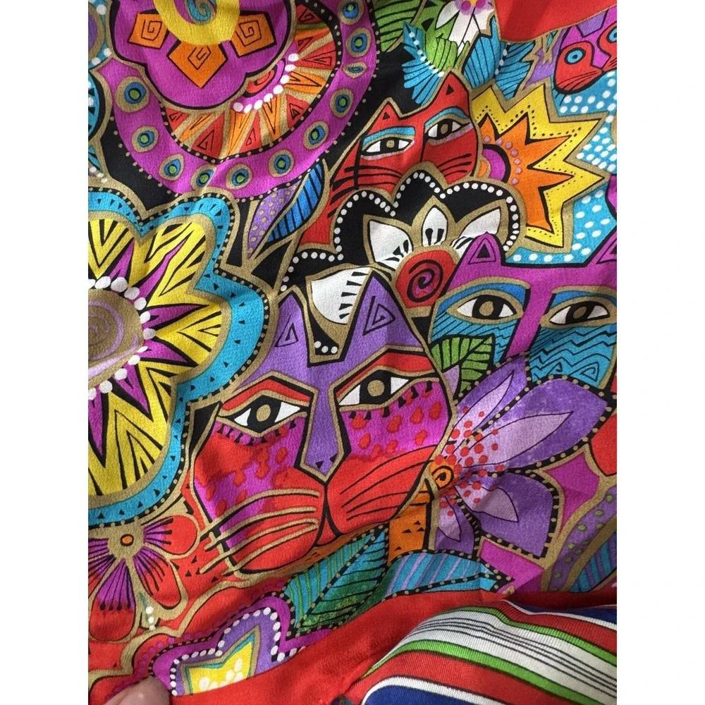 Lot of 3 Multicolor Lightweight Silk Scarves Cat Stripes Hearts Rolled Hem
